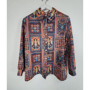 70s Vintage NPC Fashions Womens Multicolor Moorish Paisley Button Down Shirt Top